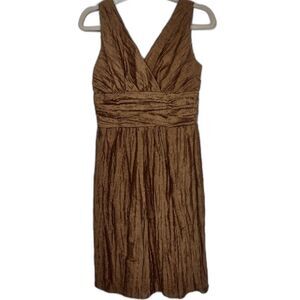 Kay Unger V Neck Wrap Front Dress Linen Silk Blend Bronze Gold Metallic Size 4